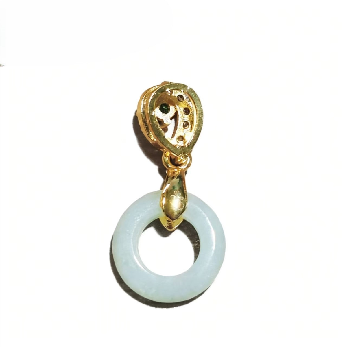 Gold Plated Snake Head Pendant with White Jade Circle and Green Zircon Accent | Luxury Vintage Style Jewelry