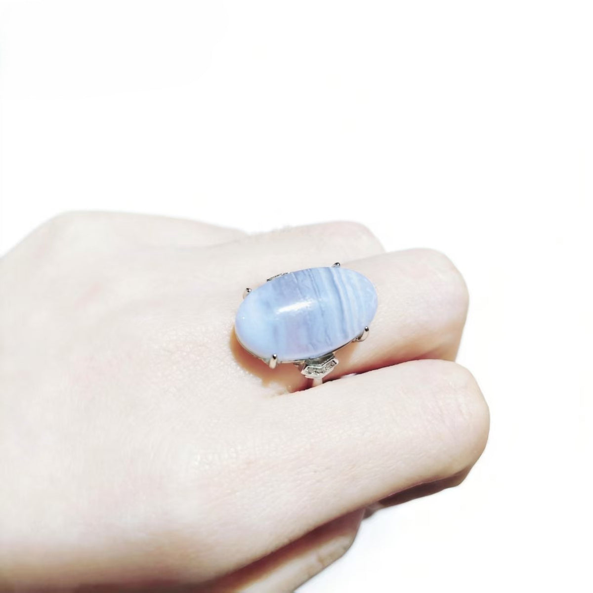 Blue Lace Agate Rings Handmade Oval Cut Silver Plated Jewelry For Women