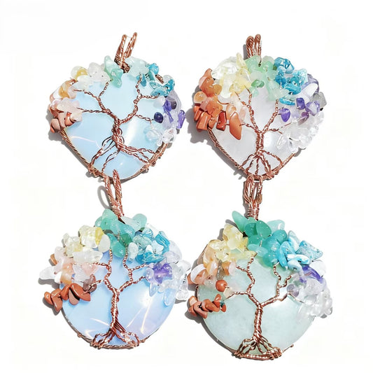 Rose Gold Wire Wrap Crystal Handmade Tree Of Life Heart And Circle Shape Pendants Chain Necklace Women Jewelry