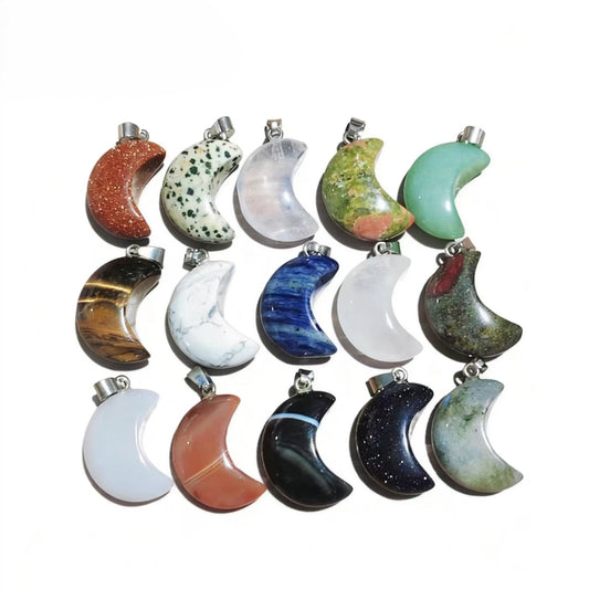 Natural Crystal Moon Pendant, Assorted Gemstone Crescent Charms for Jewelry Making