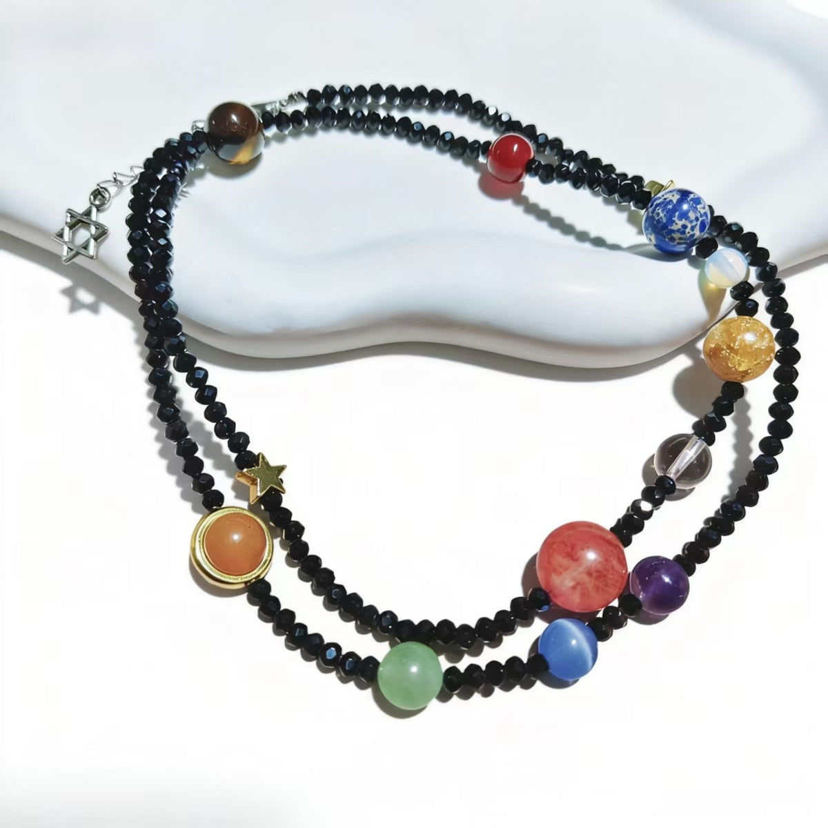 Black Beaded Galaxy Necklace with Mixed Crystal Planet Charms