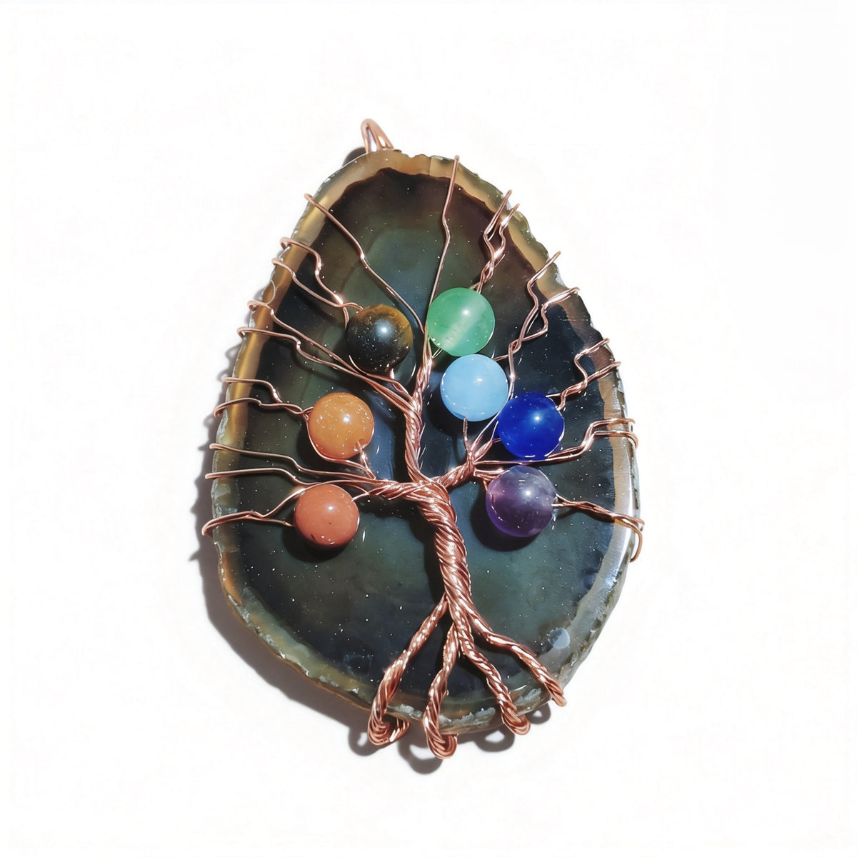 Natural Stone Pendants 7 Chakra Irrgular Agate Tree Of Life Rose Gold Wire Wrap For Jewelry Making Women Necklace