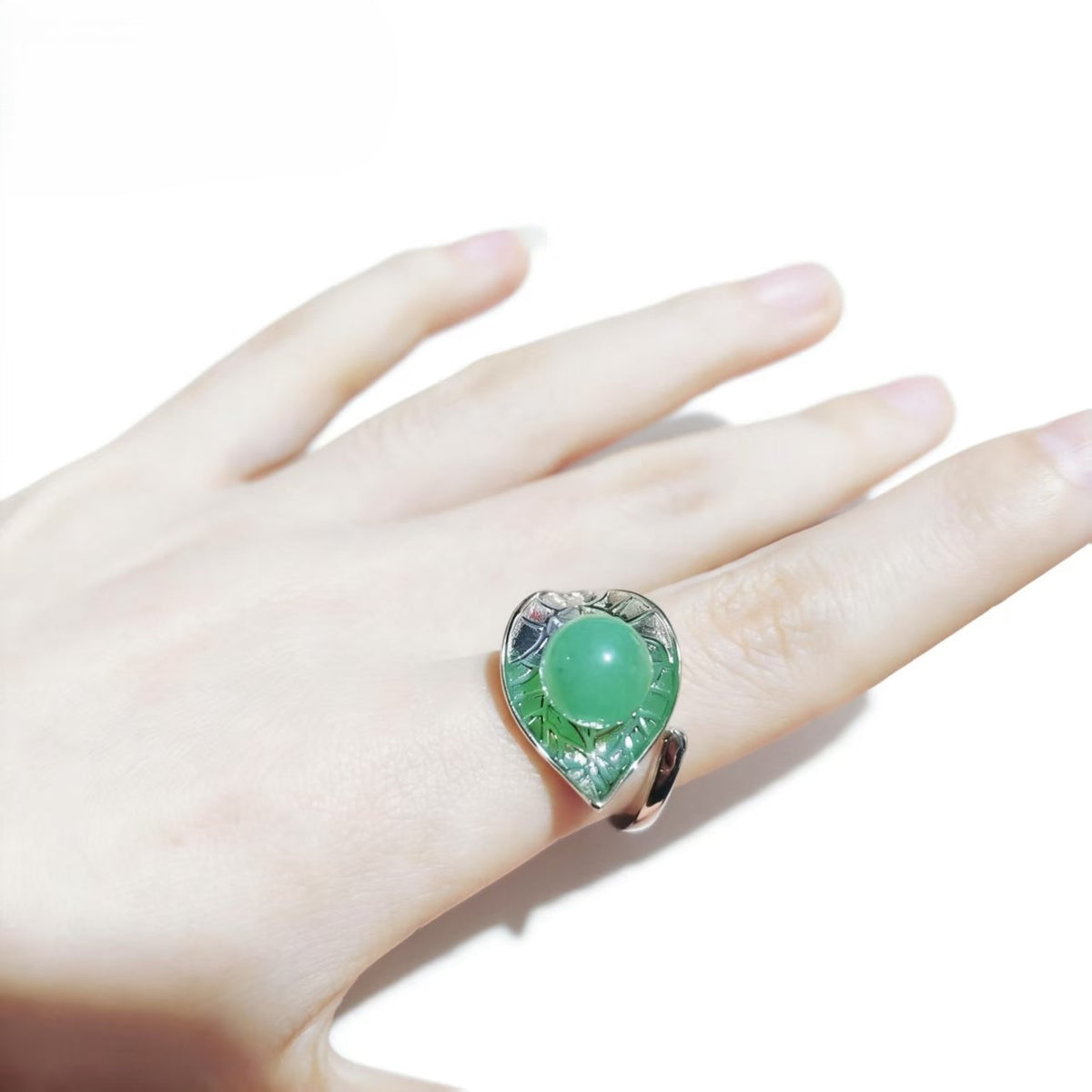 Green Aventurine Bead Rings Silver Plated Carved Jewelry