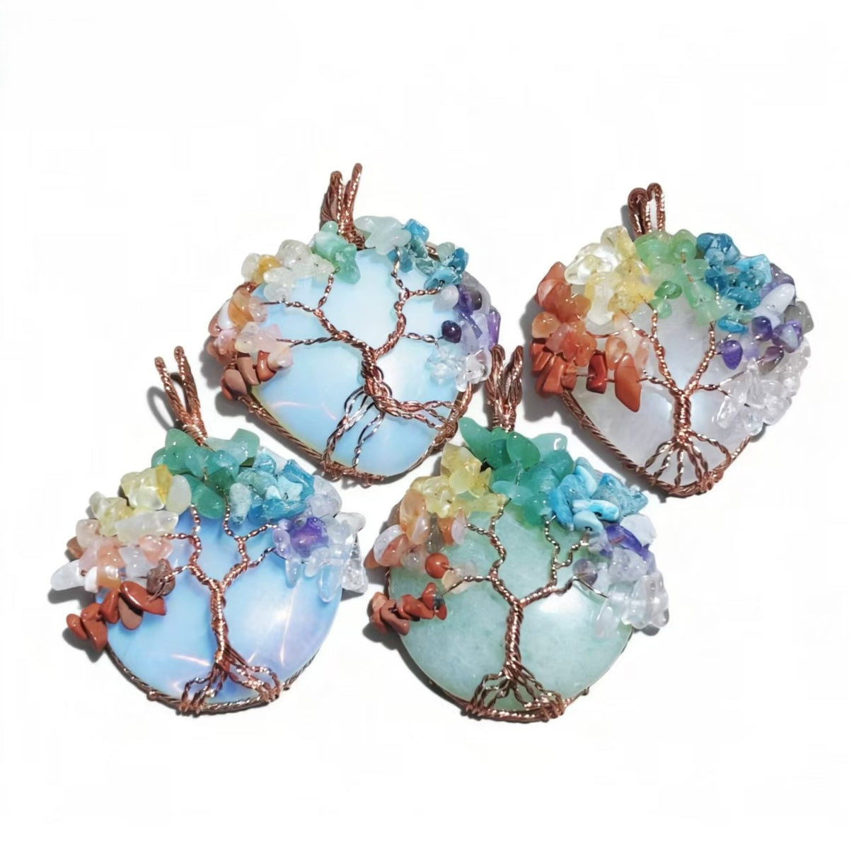 Rose Gold Wire Wrap Crystal Handmade Tree Of Life Heart And Circle Shape Pendants Chain Necklace Women Jewelry