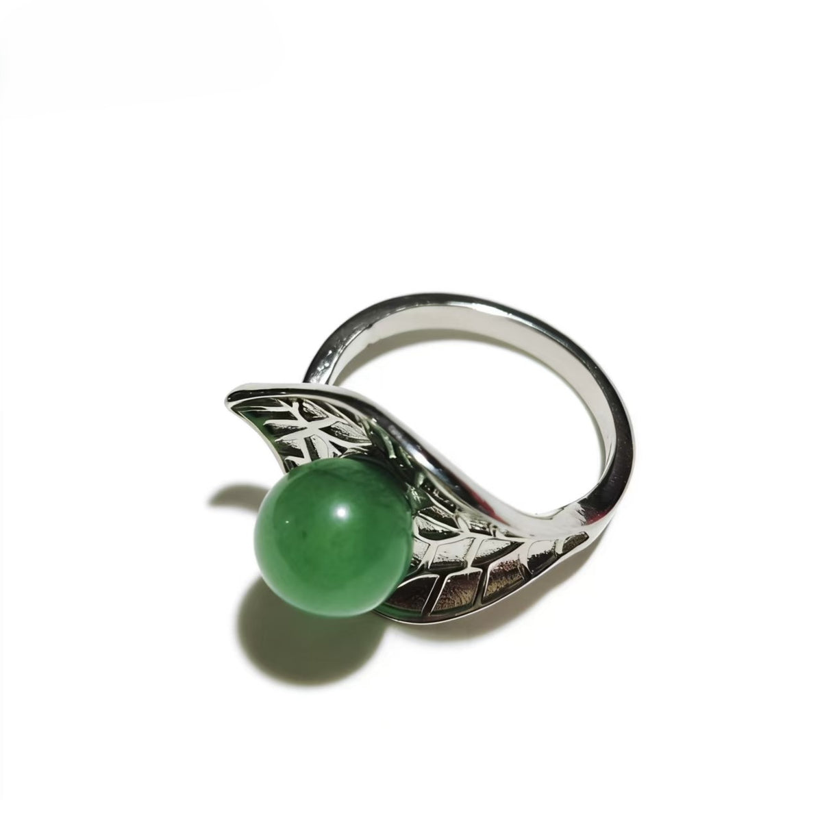 Green Aventurine Bead Rings Silver Plated Carved Jewelry