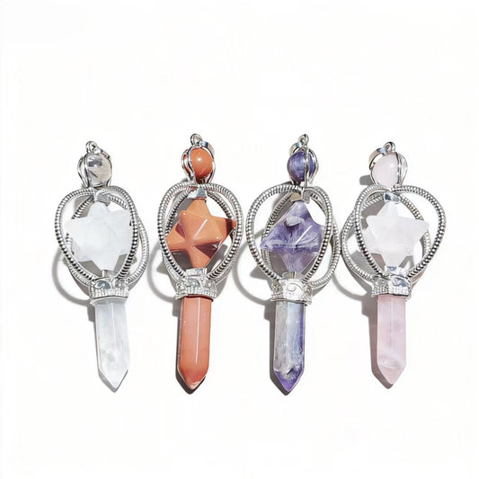 Merkaba Star Hexagon Pillar Pendants Crystal Chain Necklace For Women Men Girls Gifts