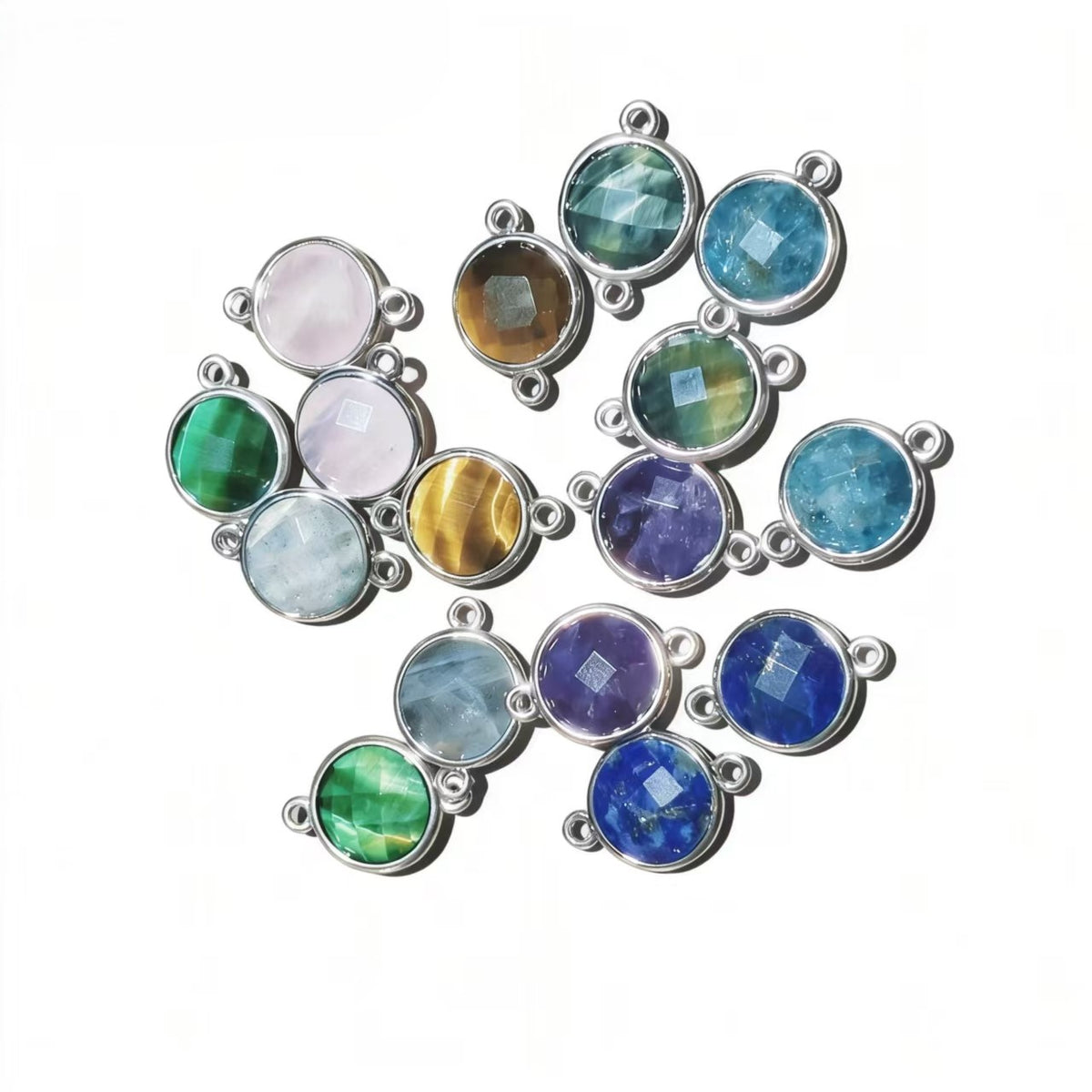 1Pc Natural Crystal Facted Round Silver Double Buckle Pendants For DIY Fashion Necklace Accessor