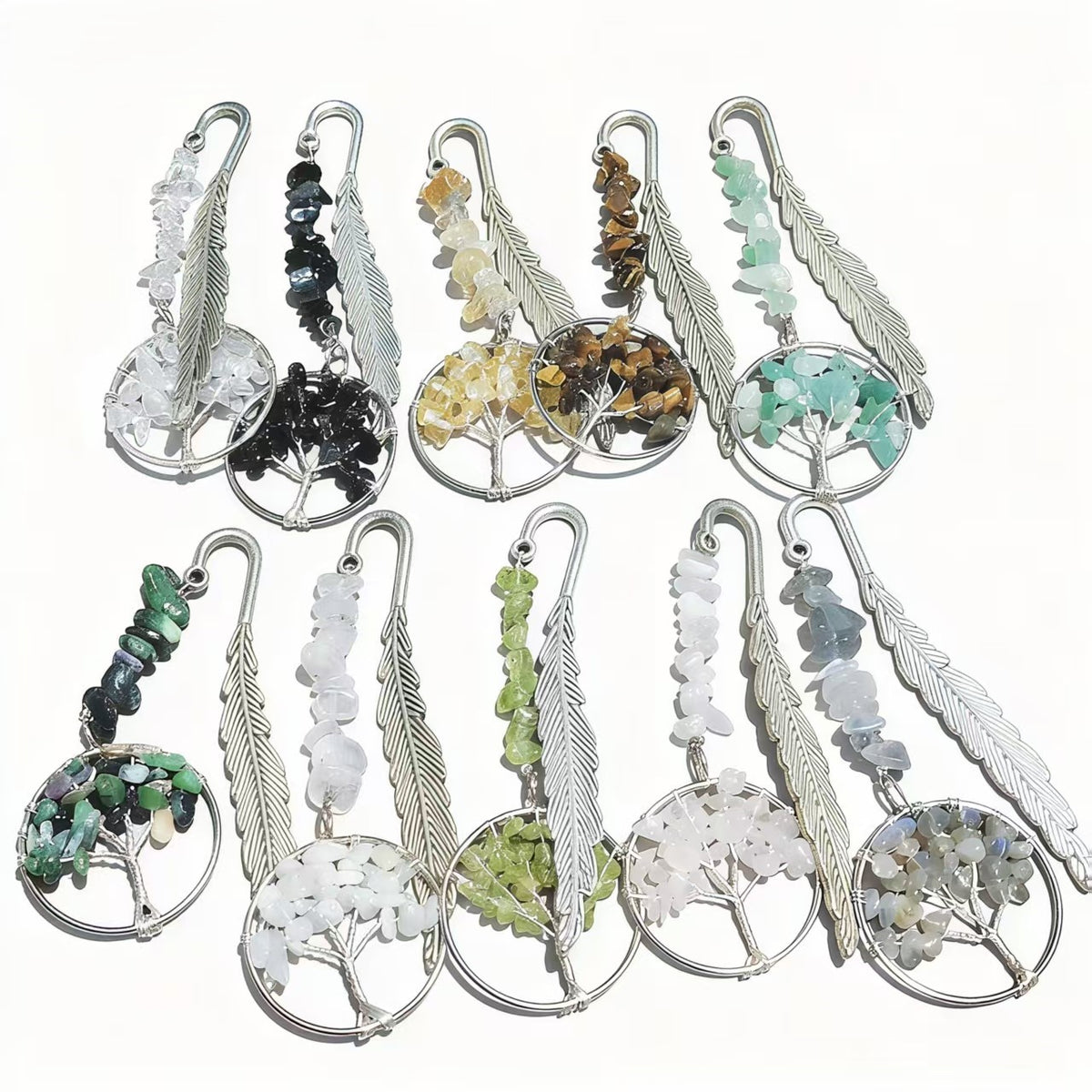 Unique Vintage Metal Feather Bookmarks with 7 Chakra Crystals Healing Stone Beads Life Tree Gifts