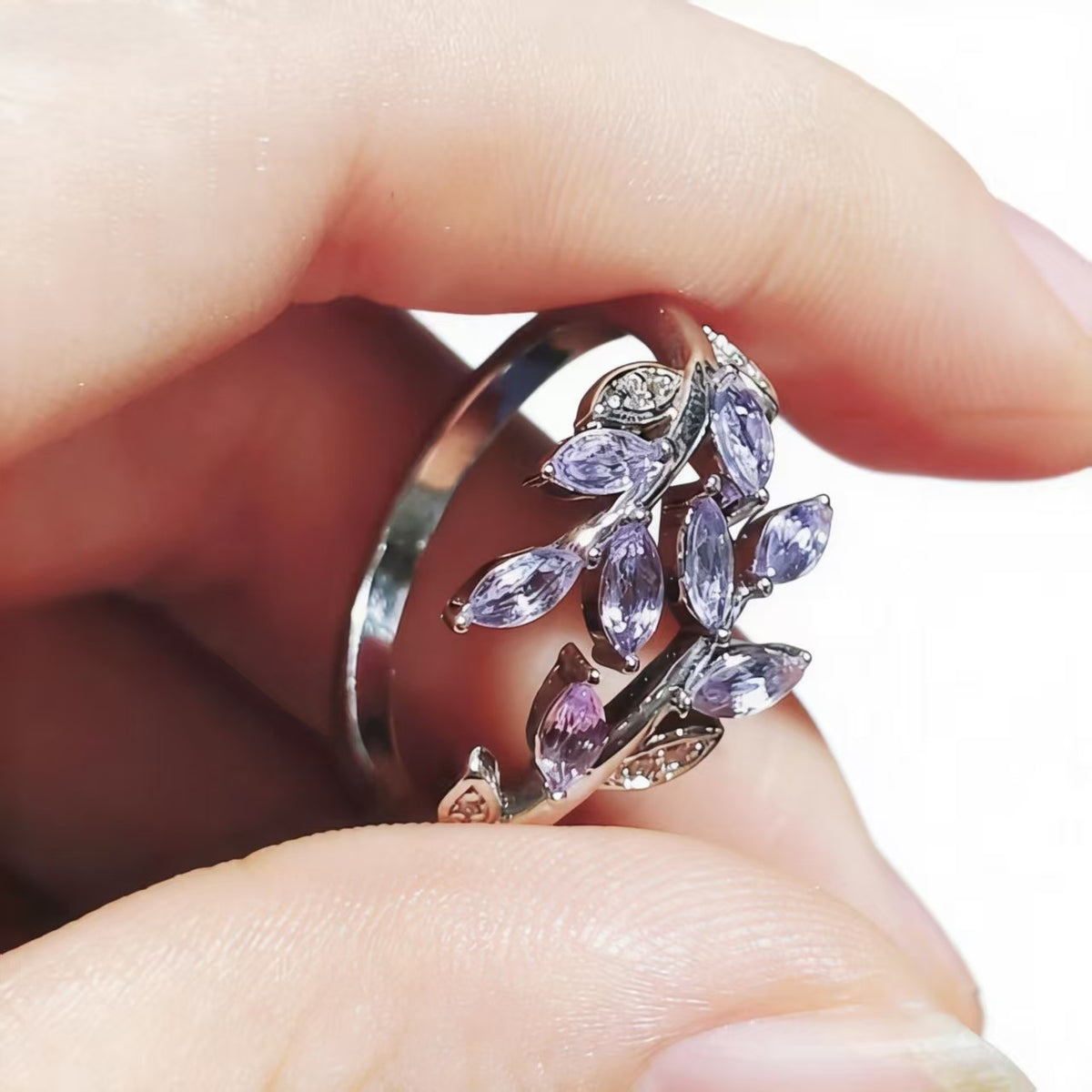 Amethyst Leaves Design Rings Handmade Silver Plated Jewelry
