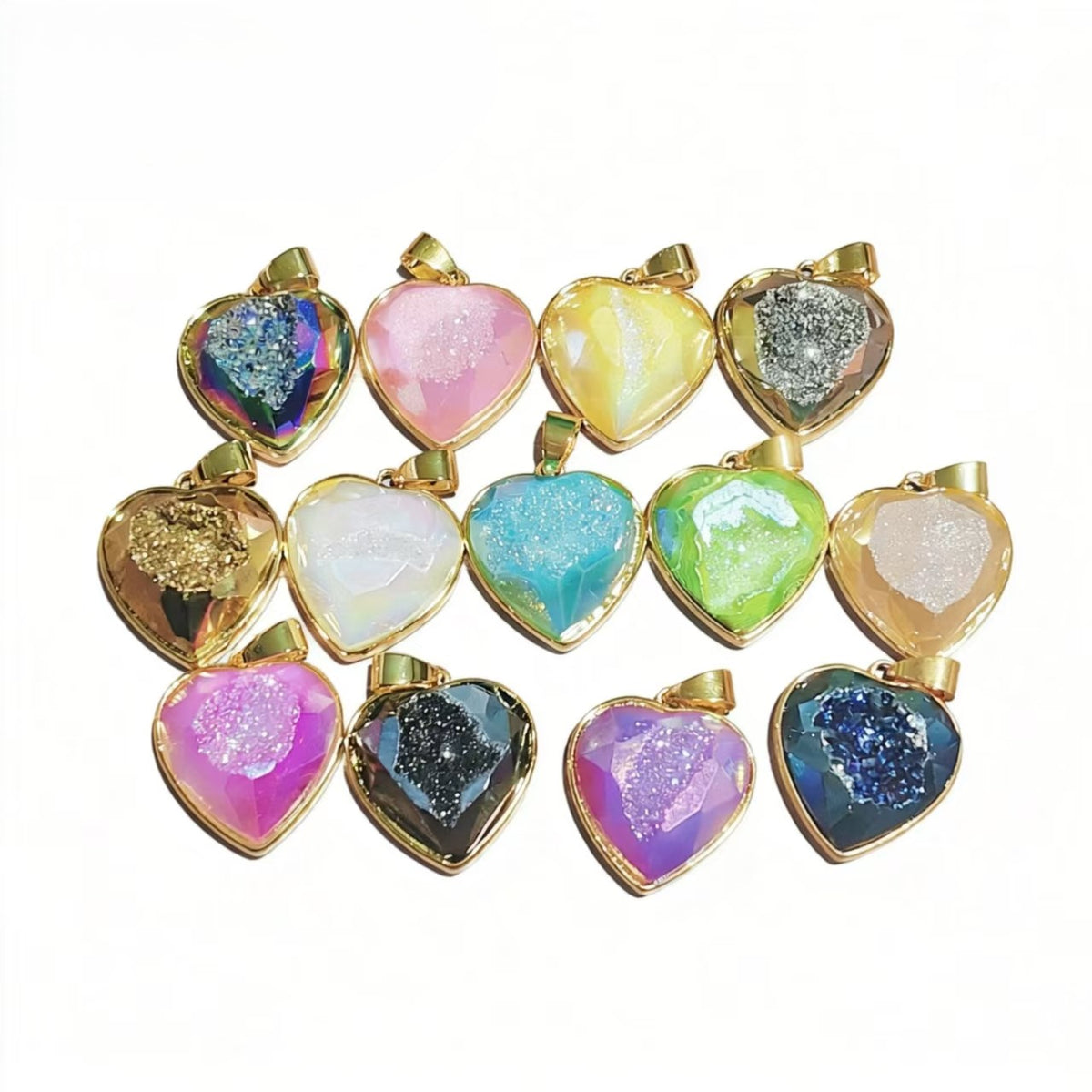 Gold-plated heart cluster pendant, natural cave ore slice geometry pendant