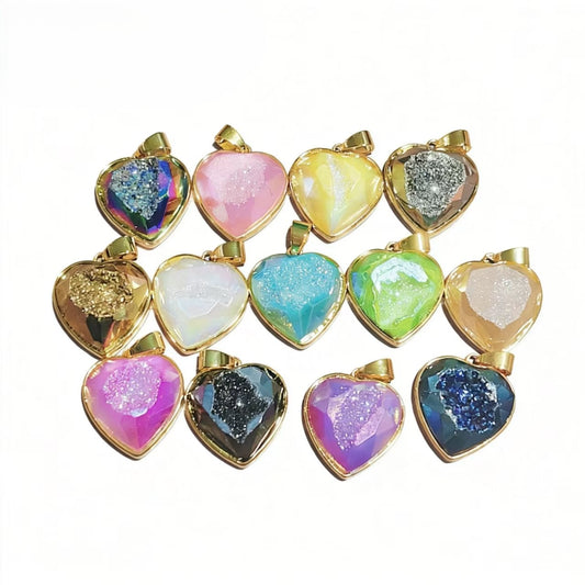 Gold-plated heart cluster pendant, natural cave ore slice geometry pendant