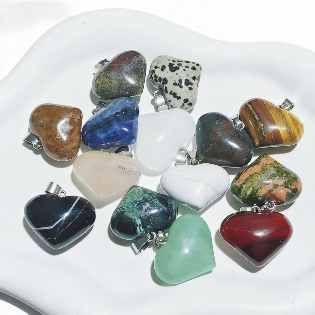 Natural Crystal Heart Shape Pendant, Assorted Gemstone Crescent Charms for Jewelry Making