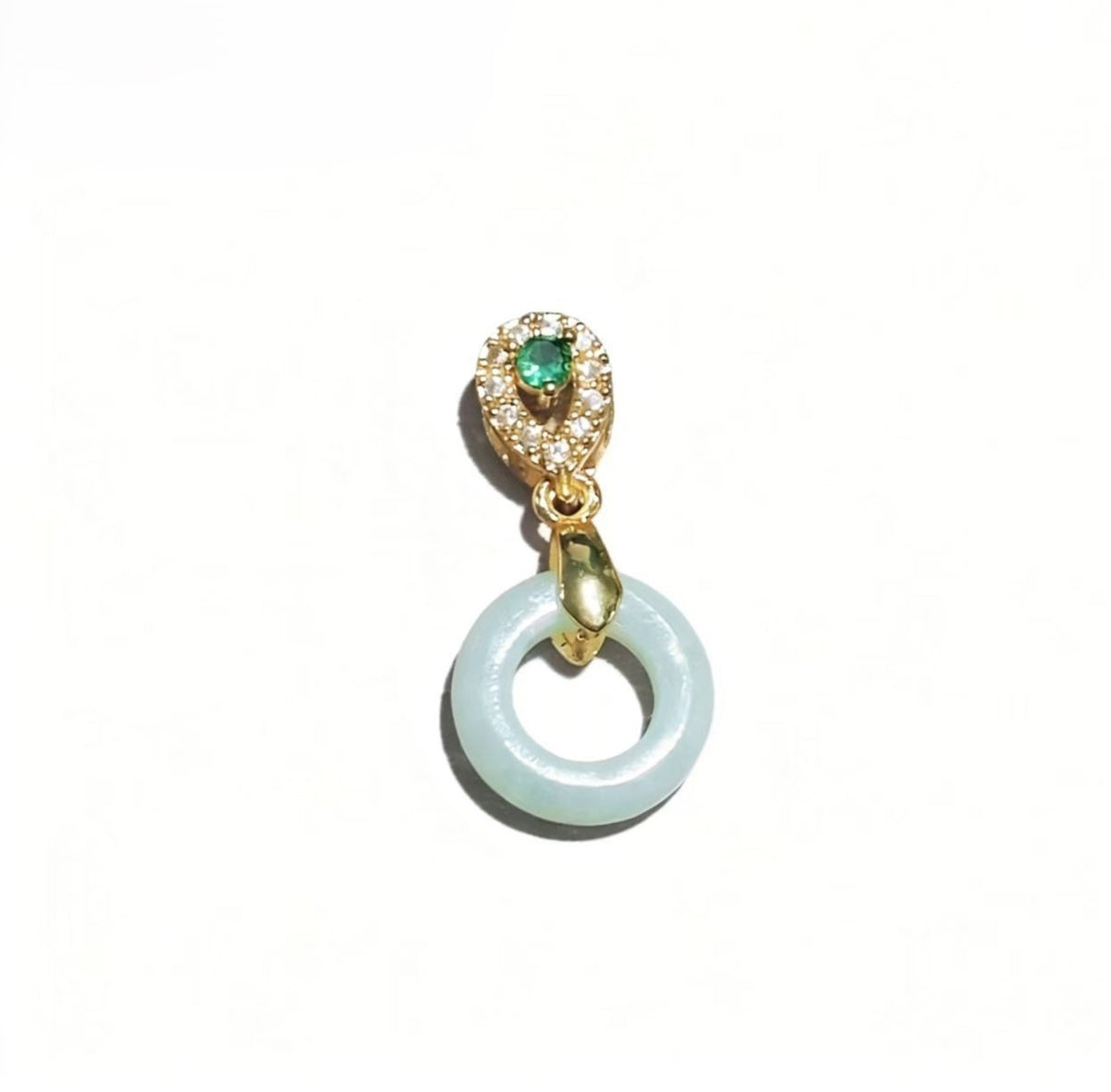 Gold Plated Snake Head Pendant with White Jade Circle and Green Zircon Accent | Luxury Vintage Style Jewelry