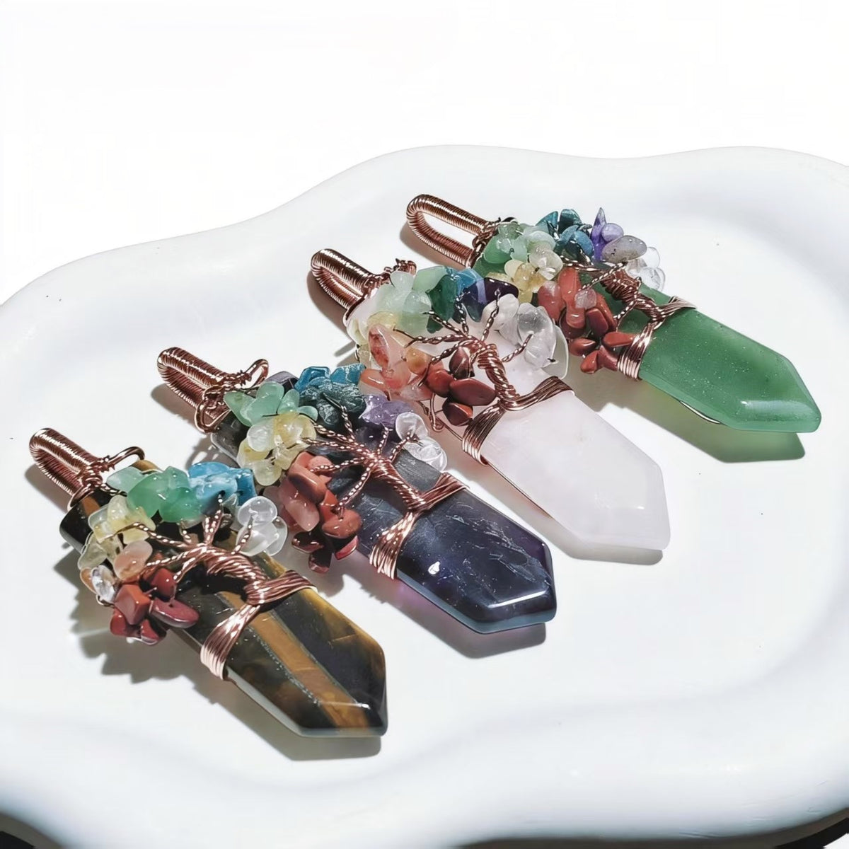 Hand-wrapped Wire Tree of Life Pendants for Necklace with Colorful Gemstones