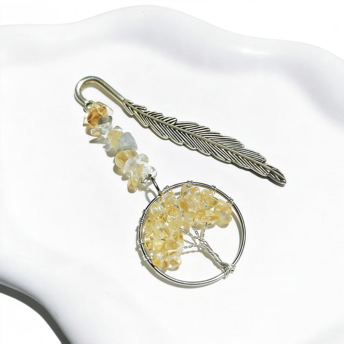 Unique Vintage Metal Feather Bookmarks with 7 Chakra Crystals Healing Stone Beads Life Tree Gifts