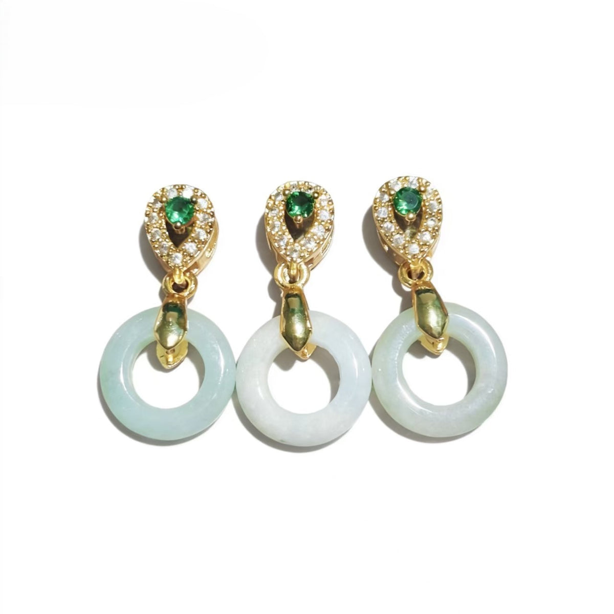 Gold Plated Snake Head Pendant with White Jade Circle and Green Zircon Accent | Luxury Vintage Style Jewelry