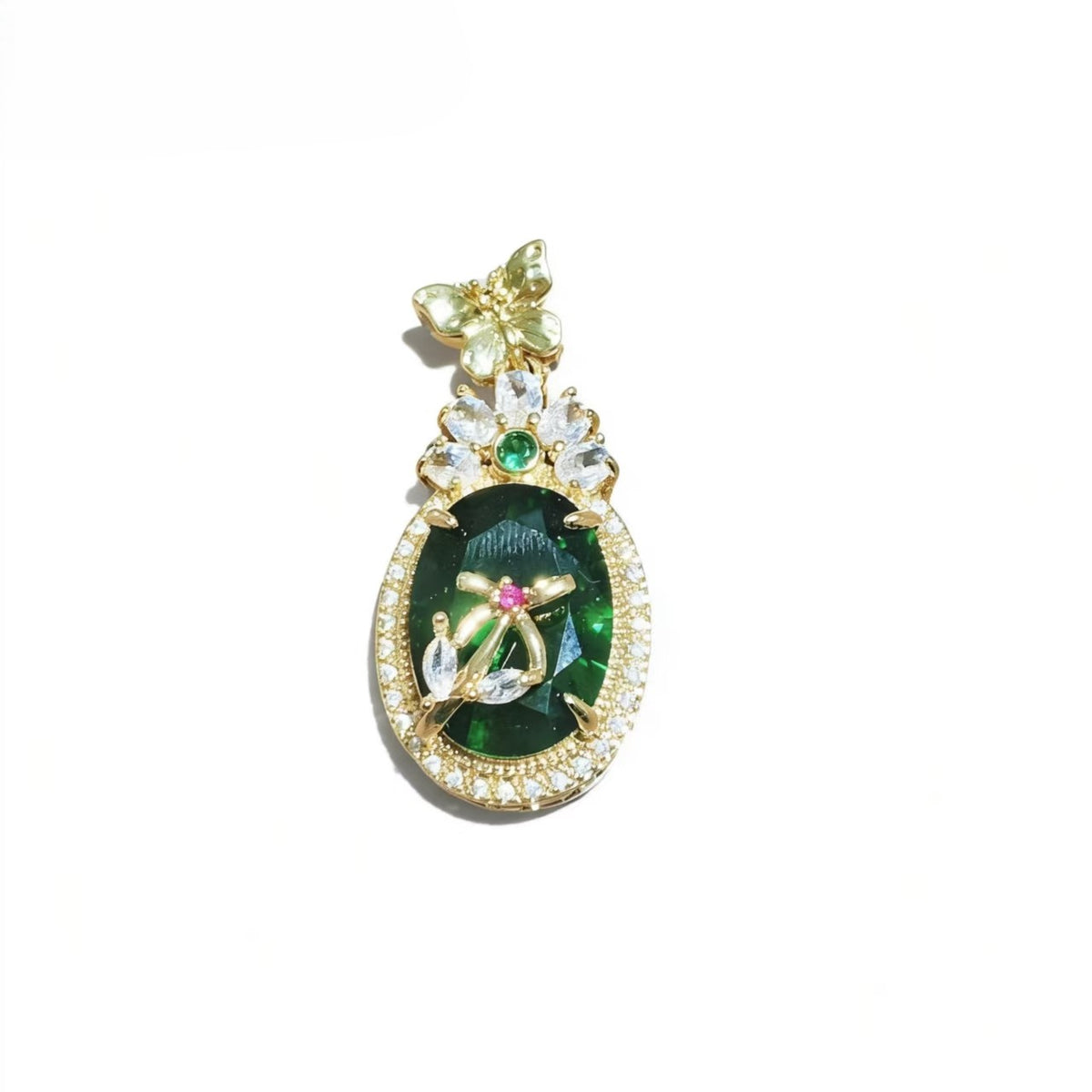 High-end Luxury Oval Seiko Inlay Green Zircon With Flower&butterfly Design Pendants Gold-plated Accessories For Women Jewelry Gifts