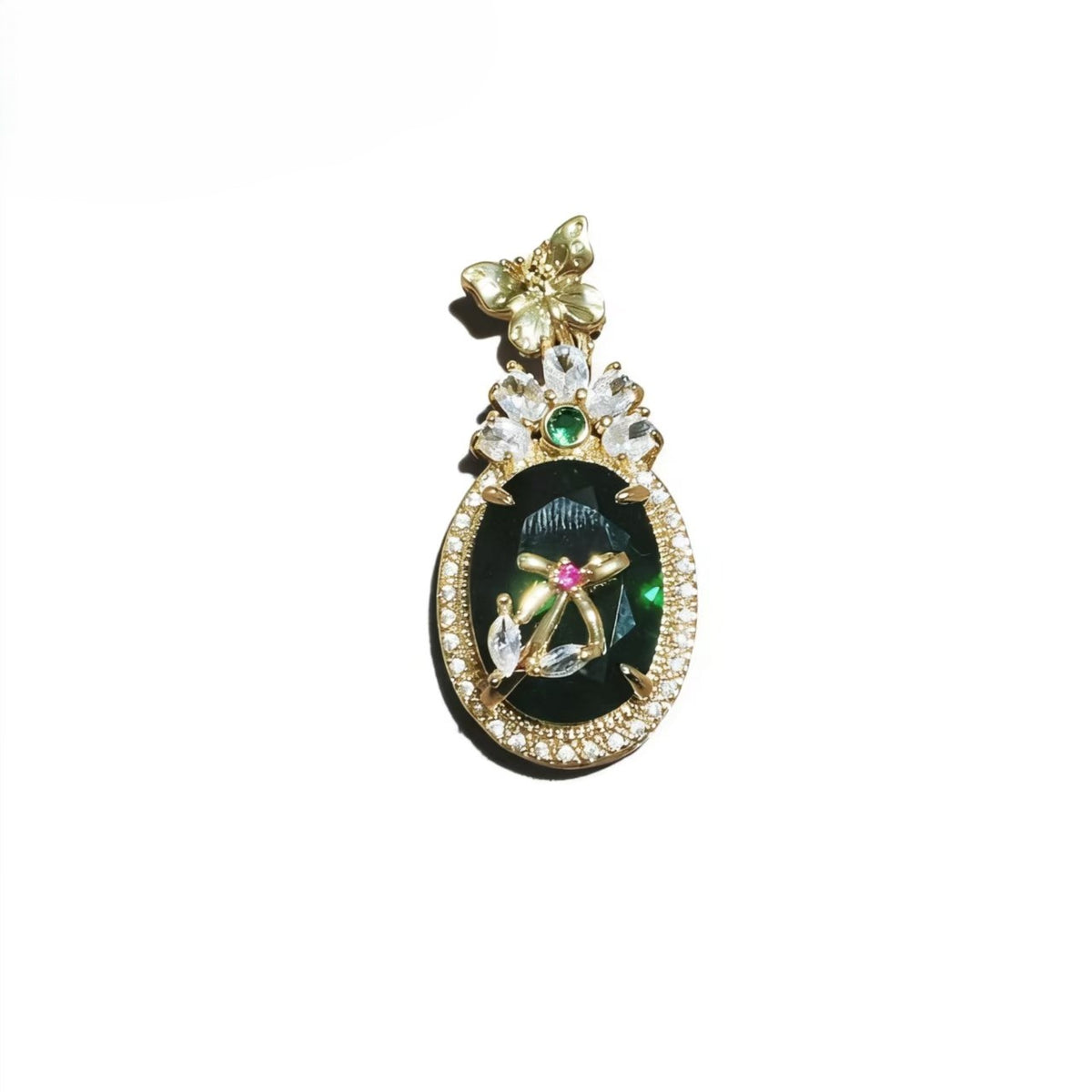 High-end Luxury Oval Seiko Inlay Green Zircon With Flower&butterfly Design Pendants Gold-plated Accessories For Women Jewelry Gifts