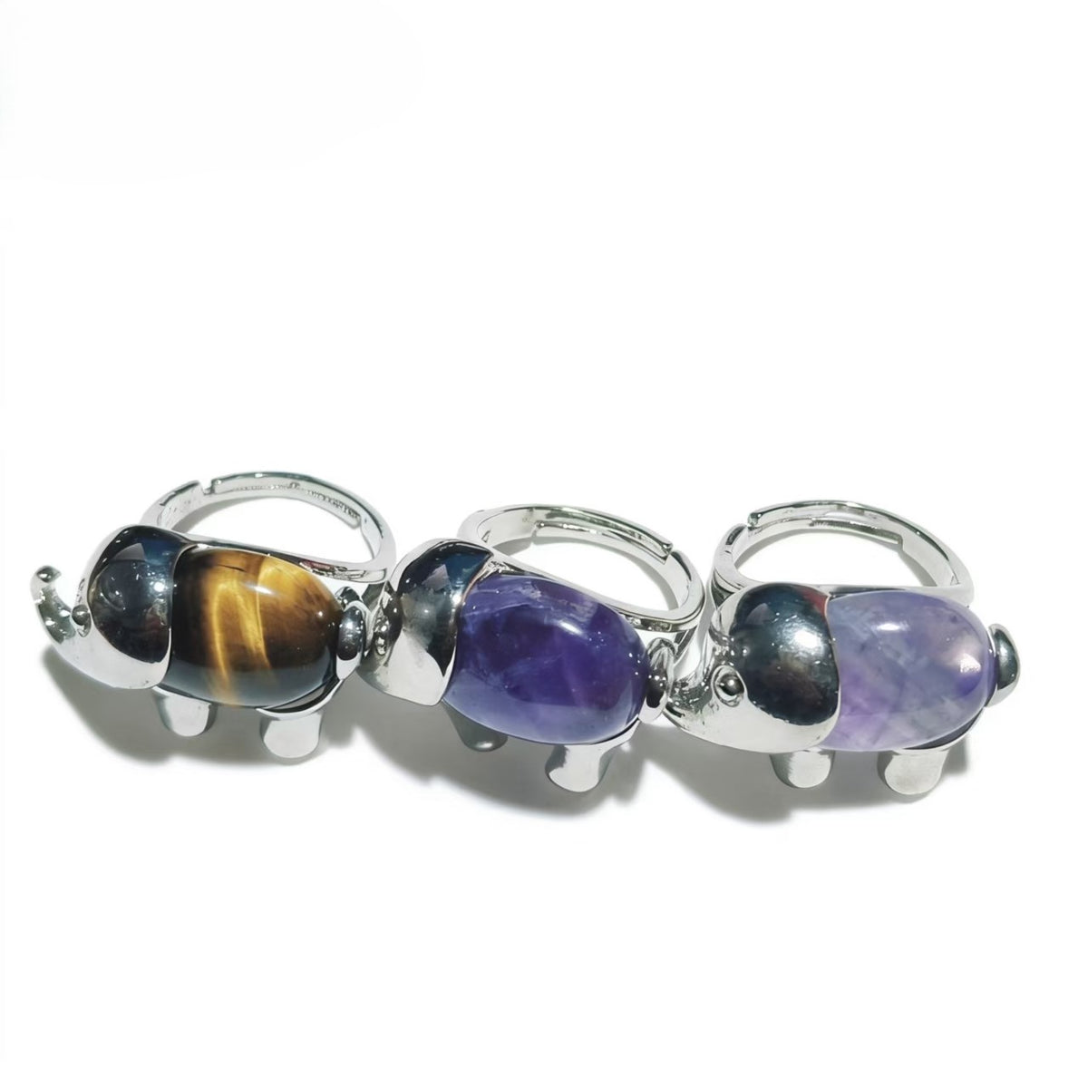 Tiger Eye And Amethyst Elephant Rings Handmade Silver Plated Jewelry For Women