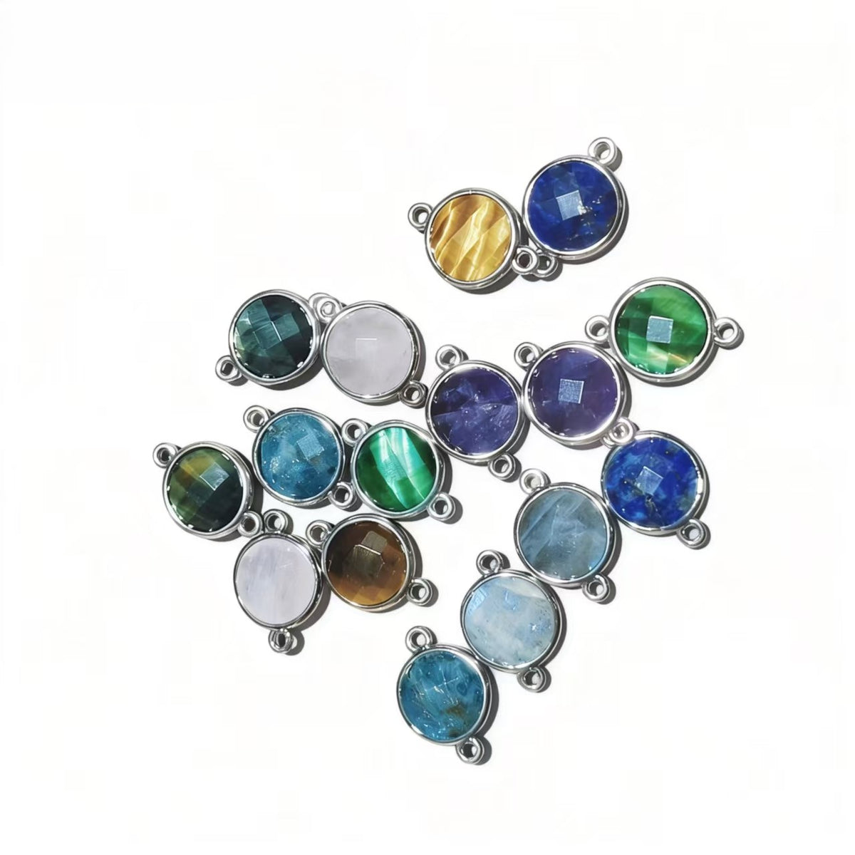 1Pc Natural Crystal Facted Round Silver Double Buckle Pendants For DIY Fashion Necklace Accessor