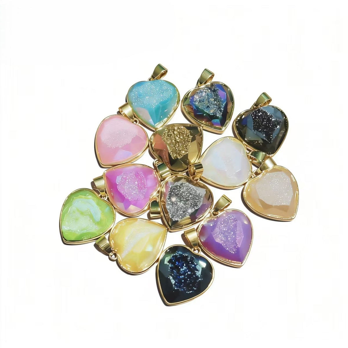 Gold-plated heart cluster pendant, natural cave ore slice geometry pendant