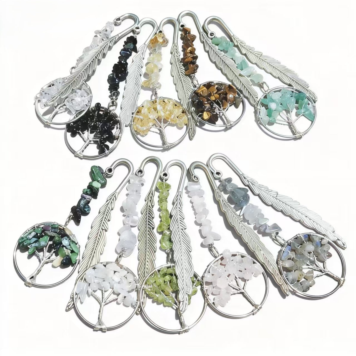 Unique Vintage Metal Feather Bookmarks with 7 Chakra Crystals Healing Stone Beads Life Tree Gifts