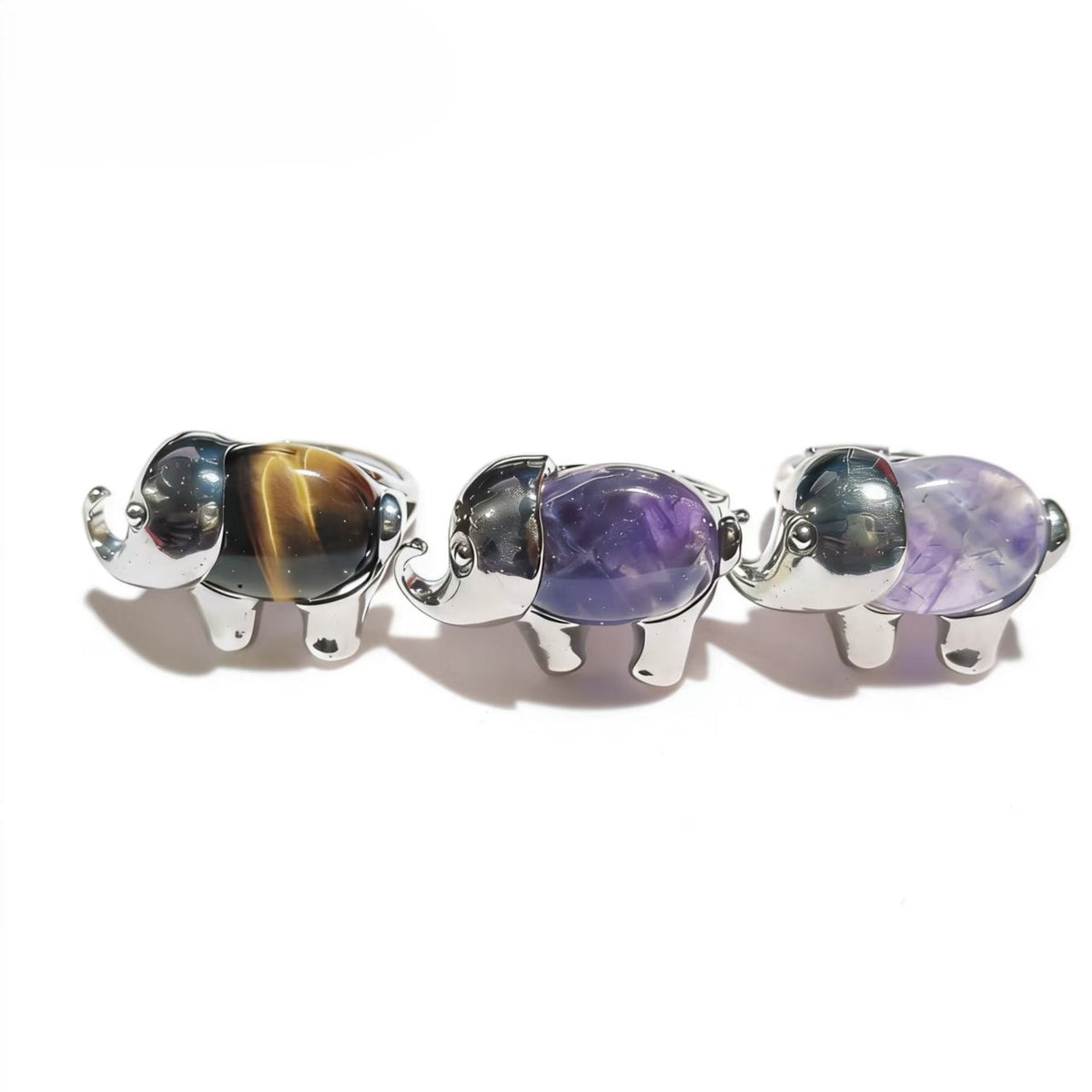 Tiger Eye And Amethyst Elephant Rings Handmade Silver Plated Jewelry For Women