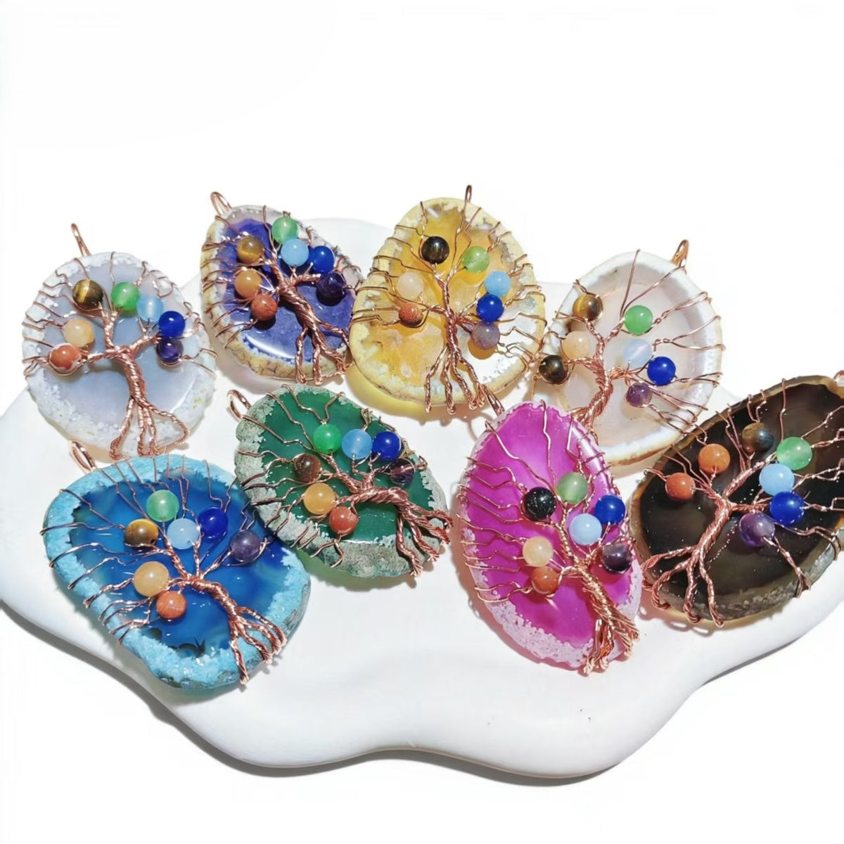 Natural Stone Pendants 7 Chakra Irrgular Agate Tree Of Life Rose Gold Wire Wrap For Jewelry Making Women Necklace