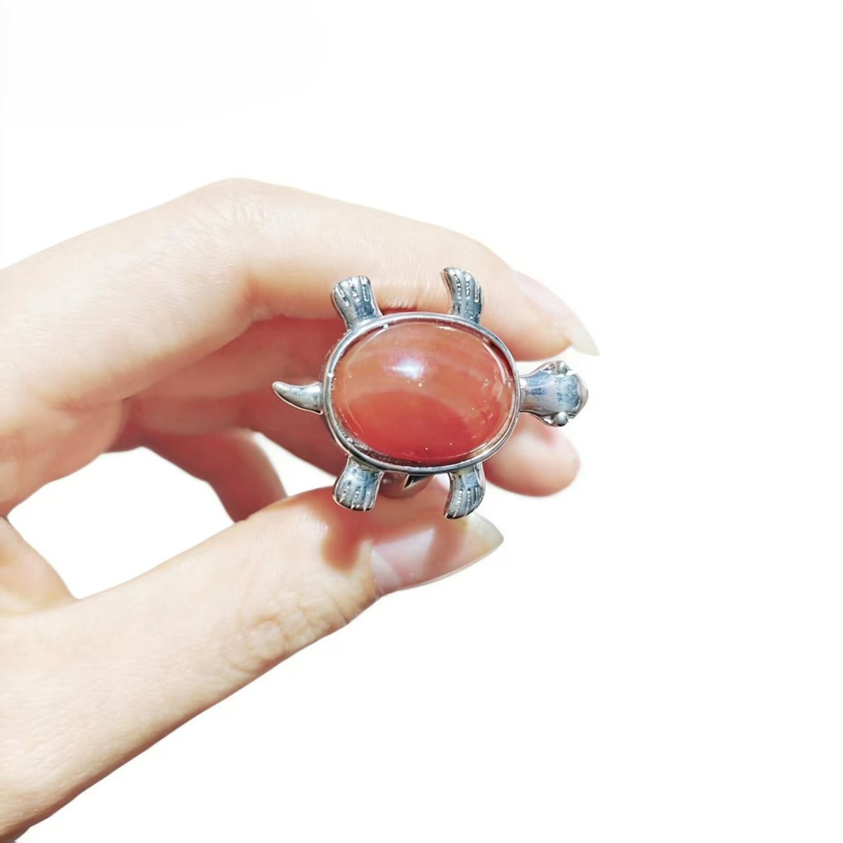 Cute Turtle Shape Fortune Silver Rings Natural Stone Crystal Green Aventurine And Red Jasper Material Fashion Jewelry