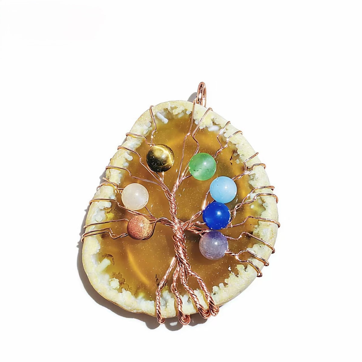 Natural Stone Pendants 7 Chakra Irrgular Agate Tree Of Life Rose Gold Wire Wrap For Jewelry Making Women Necklace