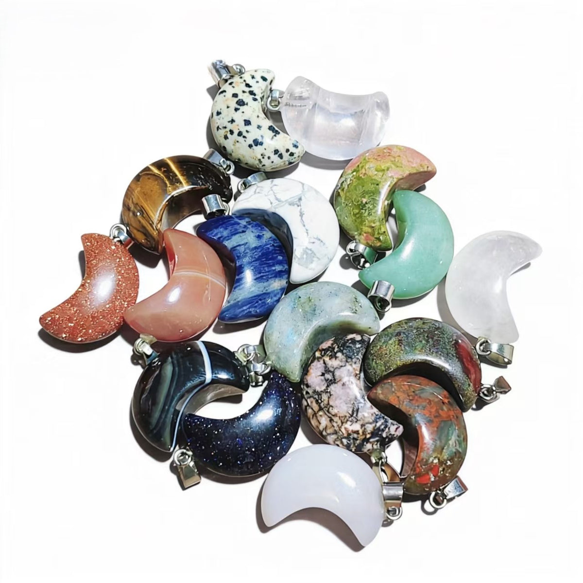 Natural Crystal Moon Pendant, Assorted Gemstone Crescent Charms for Jewelry Making