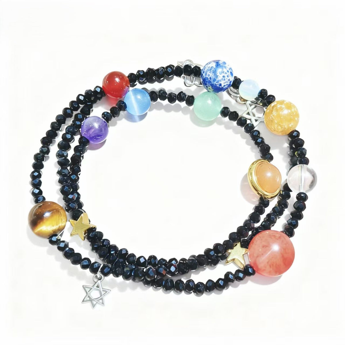 Black Beaded Galaxy Necklace with Mixed Crystal Planet Charms