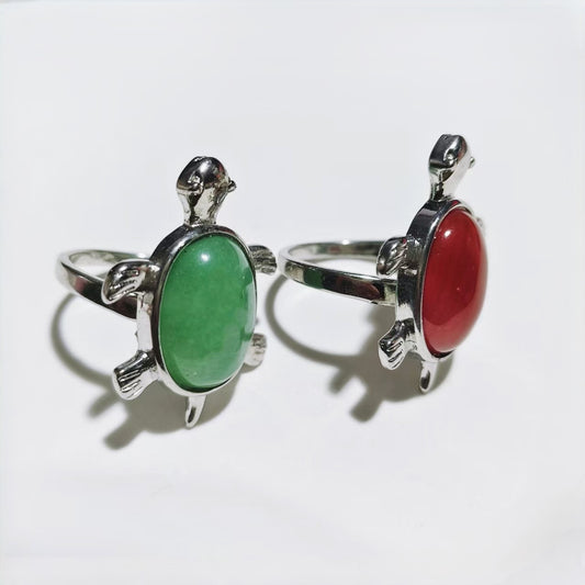 Cute Turtle Shape Fortune Silver Rings Natural Stone Crystal Green Aventurine And Red Jasper Material Fashion Jewelry