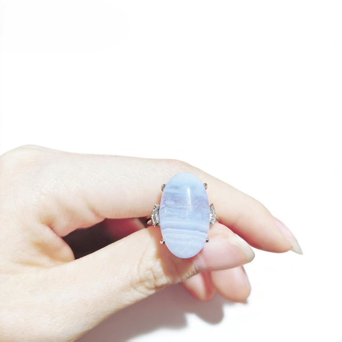 Blue Lace Agate Rings Handmade Oval Cut Silver Plated Jewelry For Women