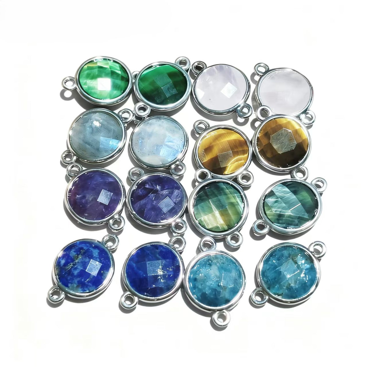 1Pc Natural Crystal Facted Round Silver Double Buckle Pendants For DIY Fashion Necklace Accessor