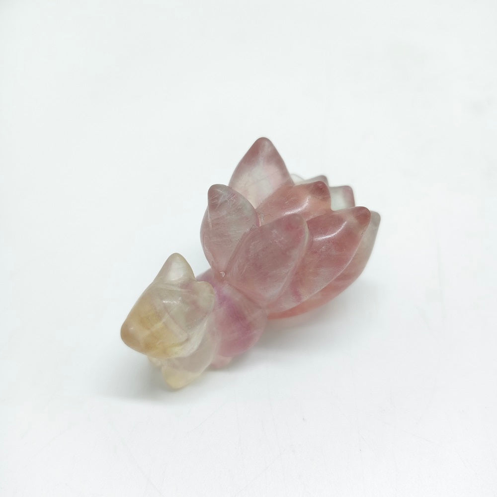 natural rainbow fluorite nine tails fox carving healing 56g