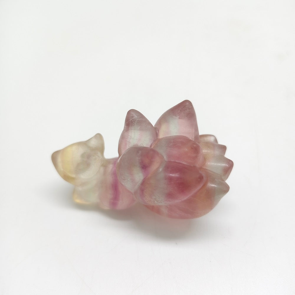 natural rainbow fluorite nine tails fox carving healing 56g