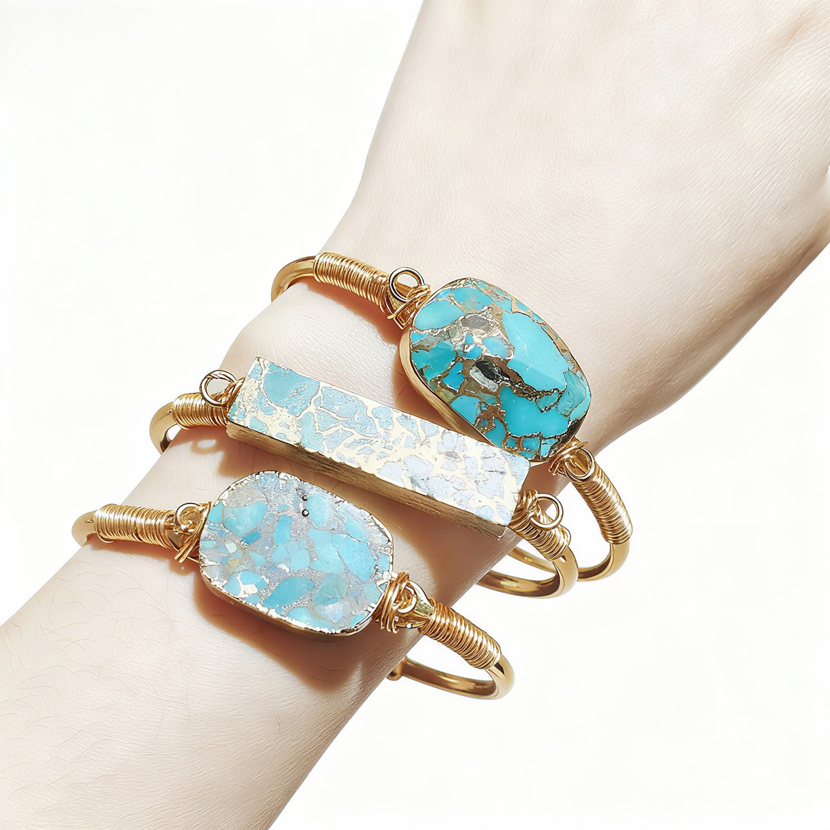 Trendy Women Gold Line Hubei Turquoises Open Cuff Bracelets Natural Gemstone Wire Wrap Bangles Birthday Gifts