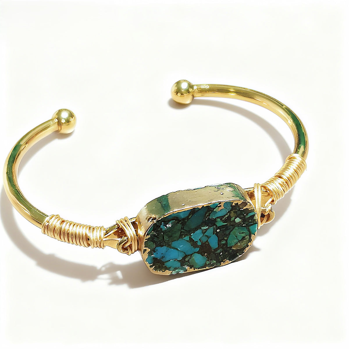 Trendy Women Gold Line Hubei Turquoises Open Cuff Bracelets Natural Gemstone Wire Wrap Bangles Birthday Gifts